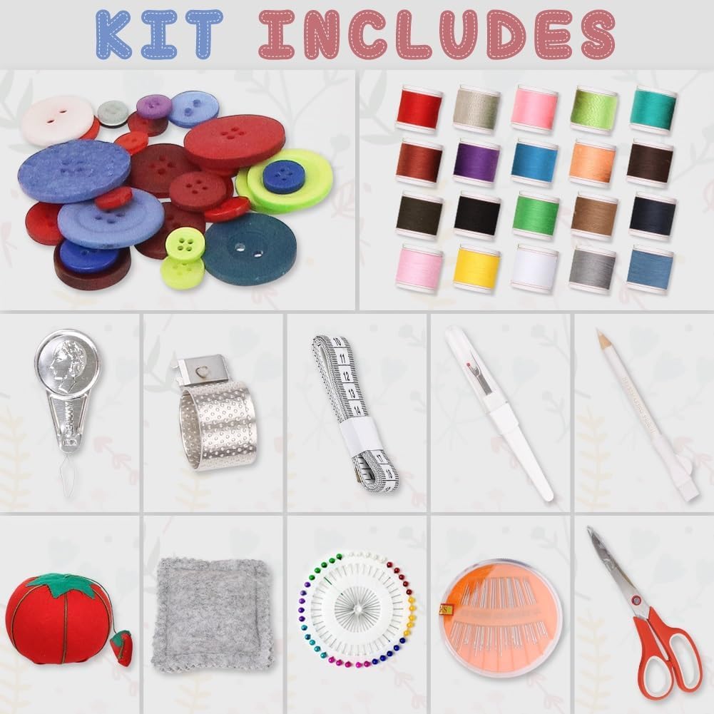 Basic Sewing Basket with Complete Sew Accessories Wooden Beginners Sewing Kits with Removable Tray Tomato Pincushion for Mending – Colorful Pastel