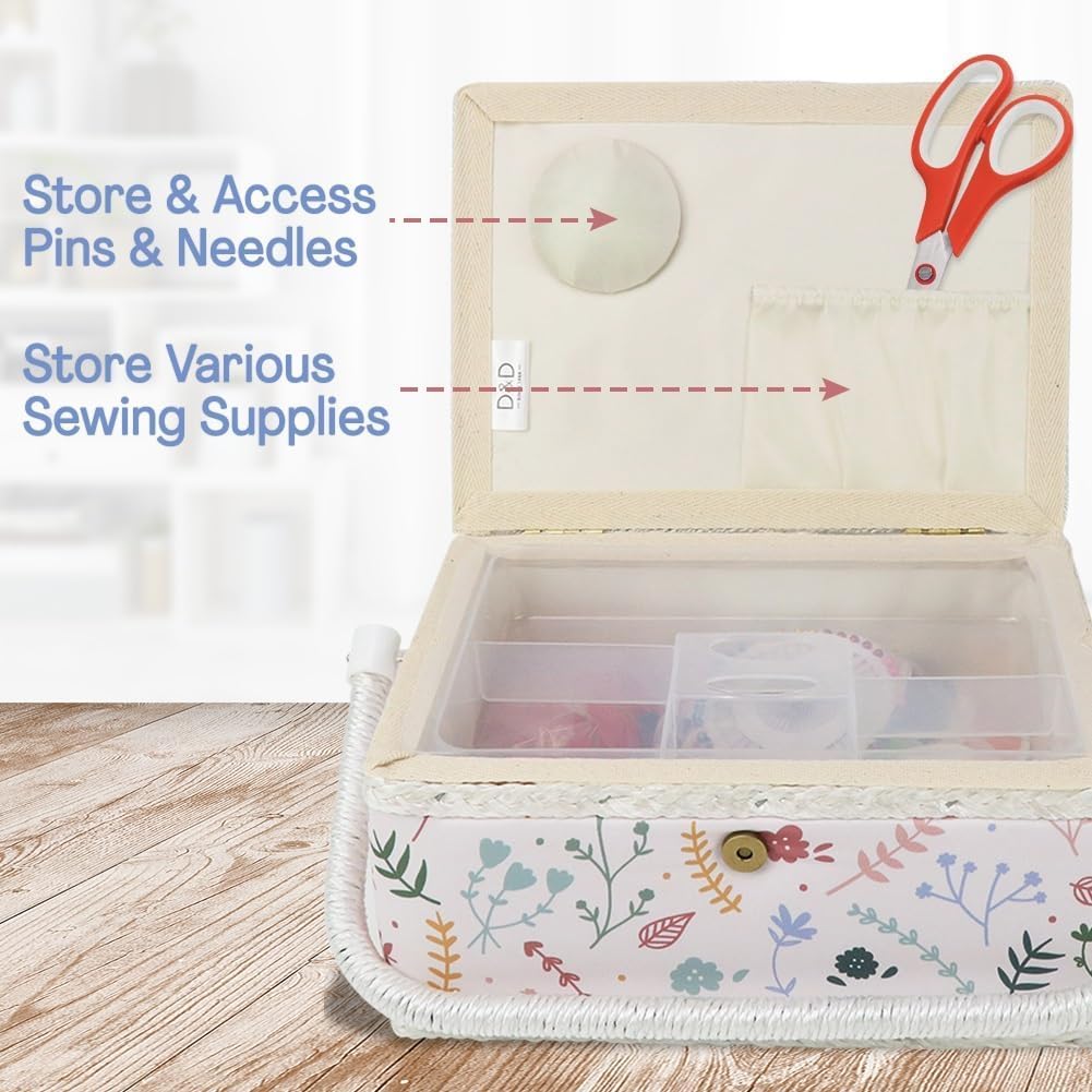 Basic Sewing Basket with Complete Sew Accessories Wooden Beginners Sewing Kits with Removable Tray Tomato Pincushion for Mending - Colorful Pastel - Image 3