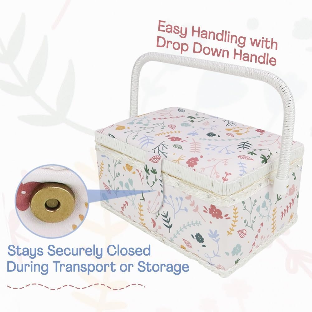 Basic Sewing Basket with Complete Sew Accessories Wooden Beginners Sewing Kits with Removable Tray Tomato Pincushion for Mending - Colorful Pastel - Image 5