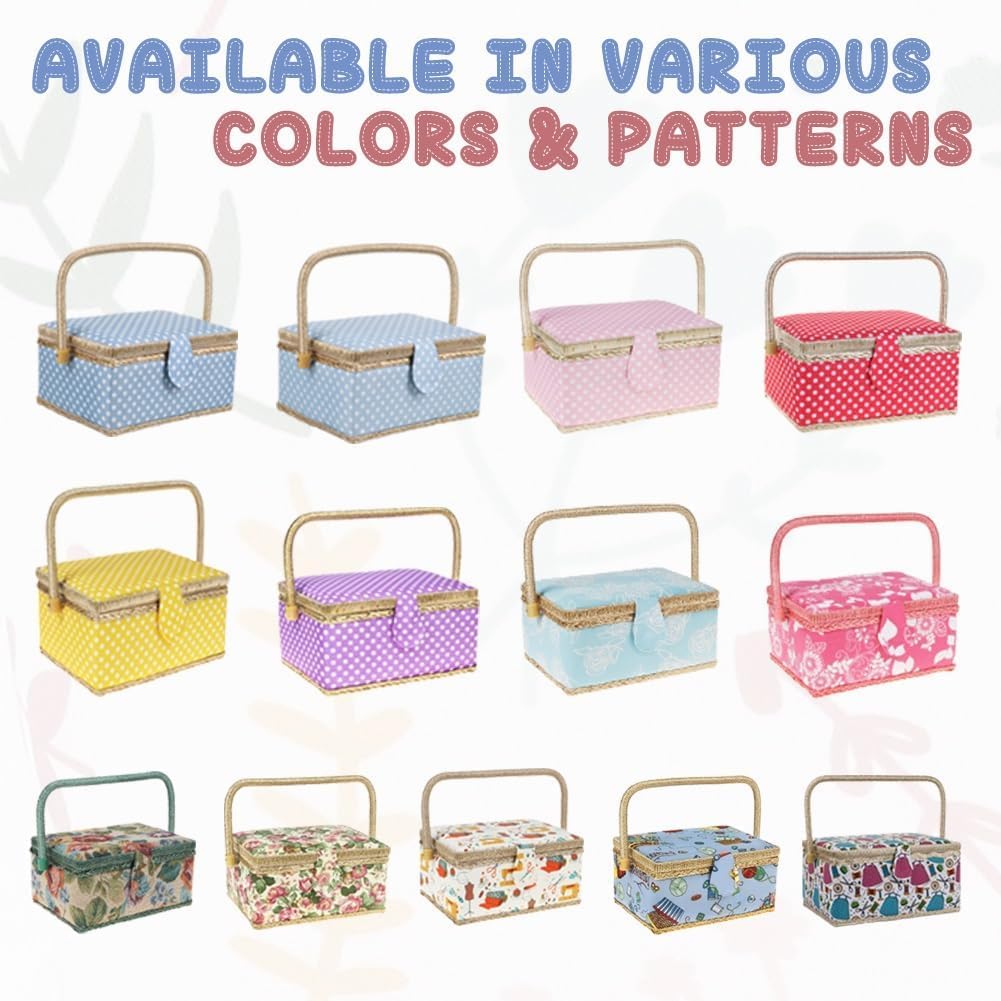 Basic Sewing Basket with Complete Sew Accessories Wooden Beginners Sewing Kits with Removable Tray Tomato Pincushion for Mending - Colorful Pastel - Image 8