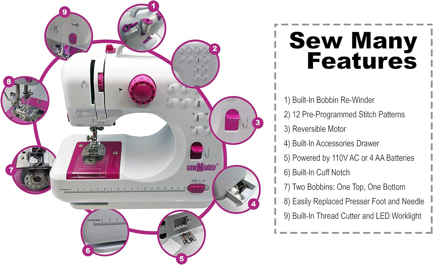 Mini Sewing Machine – Portable, Battery & AC Powered, 12 Programmed Stitch Patterns, Dual Speed – Sews Forward & Reverse, AC Power or Battery Operated – Includes Foot Pedal - Image 5