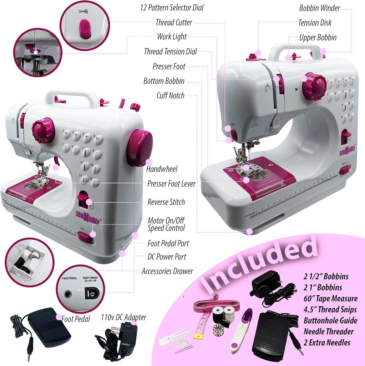 Mini Sewing Machine – Portable, Battery & AC Powered, 12 Programmed Stitch Patterns, Dual Speed – Sews Forward & Reverse, AC Power or Battery Operated – Includes Foot Pedal - Image 6