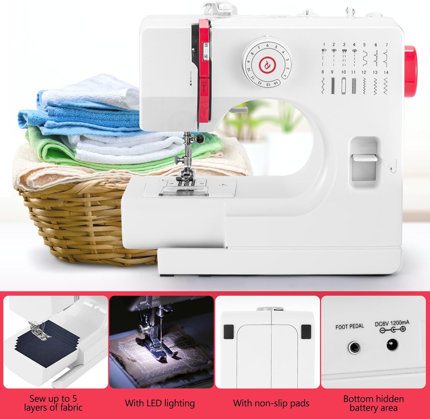 Sewing Machine, Mini Sewing Machines with Extension Table, 14 Stitch Dual Speed Portable Sewing Machine for Beginners, Sewing Kit with Foot Pedal & Sewing Shelf Kit(Upgrade Version) - Image 5
